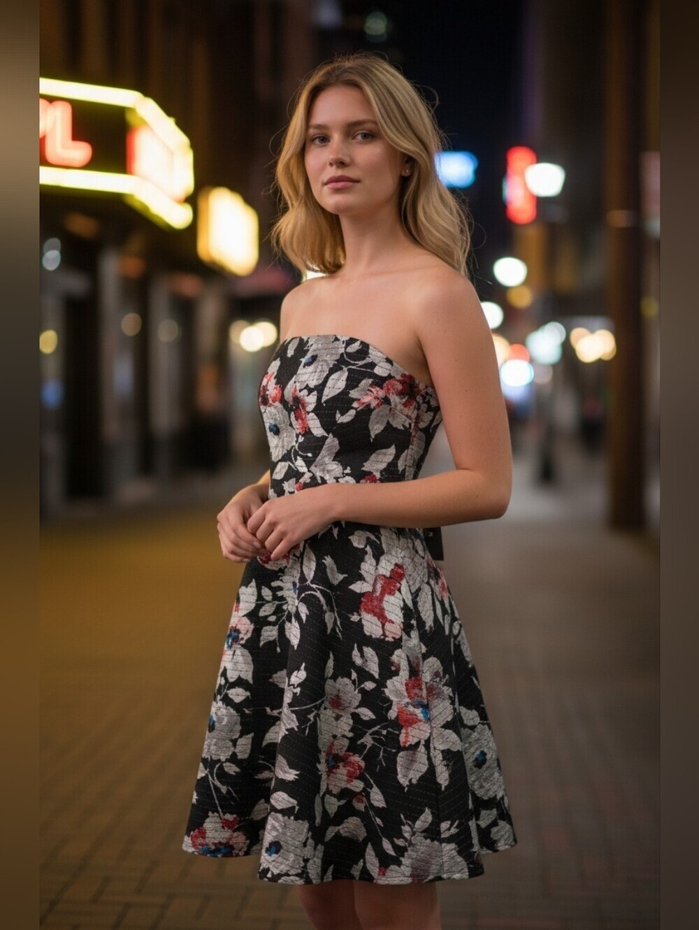 Strapless Black Floral Fit & Flare Dress